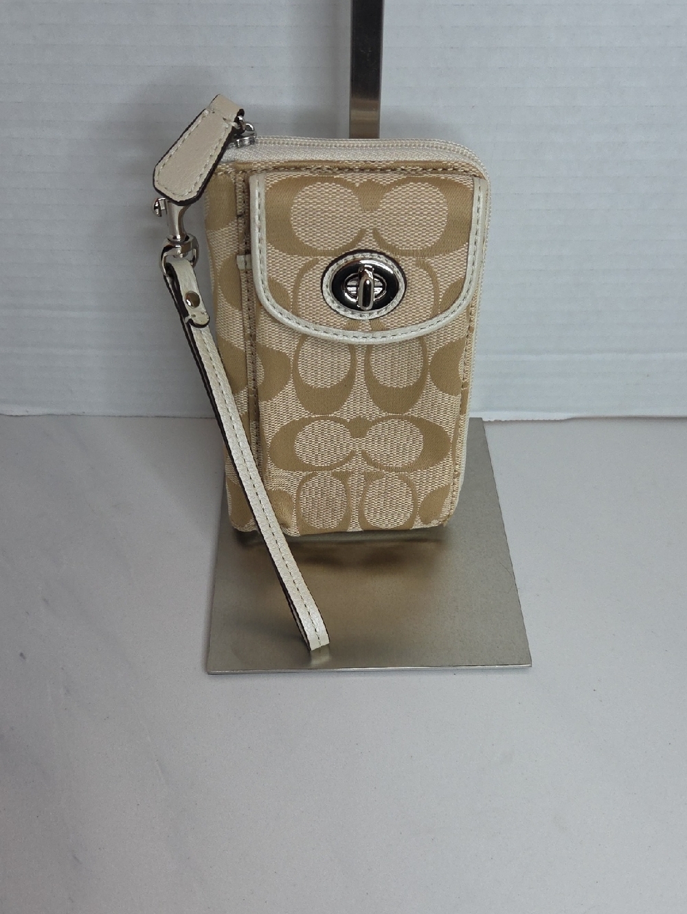Coach Tan Signature Canvas Phone Wristlet with White Trim